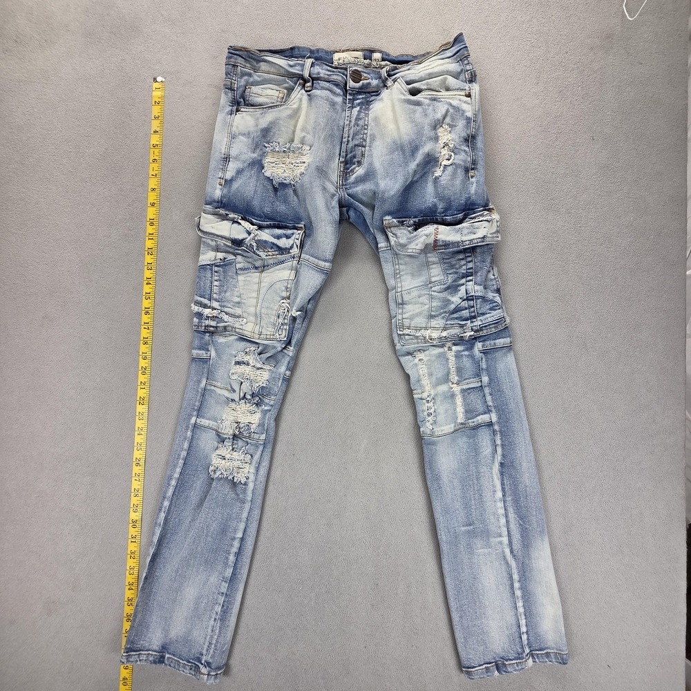 FWRD Denim Jeans Mens Blue Light Wash Slim Tapered Thrashed Pockets Fits 30x32